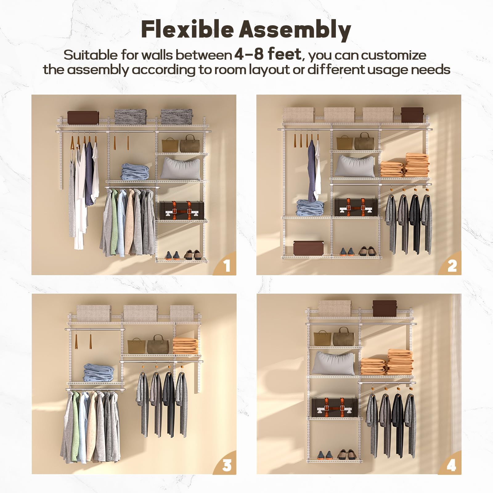Homde Wall Mounted Closet Organizer System, Adjustable 4–8 ft Wardrobe Kit-Homde
