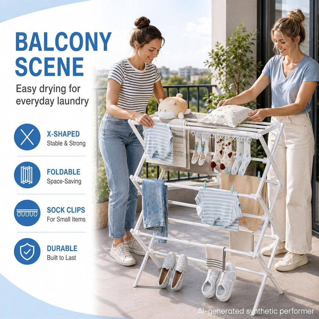 Homde Foldable Clothes Drying Rack with Expandable Poles and Sock Clips-Homde