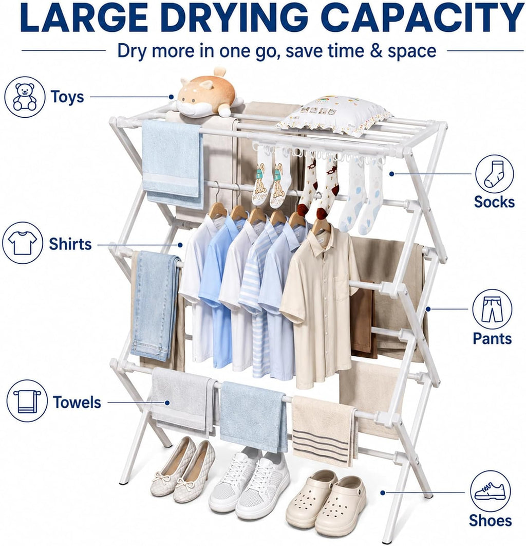 Homde Foldable Clothes Drying Rack with Expandable Poles and Sock Clips-Homde