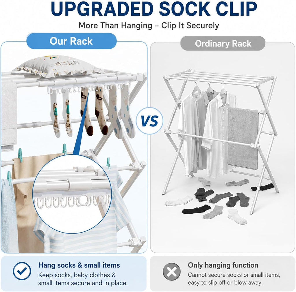 Homde Foldable Clothes Drying Rack with Expandable Poles and Sock Clips-Homde