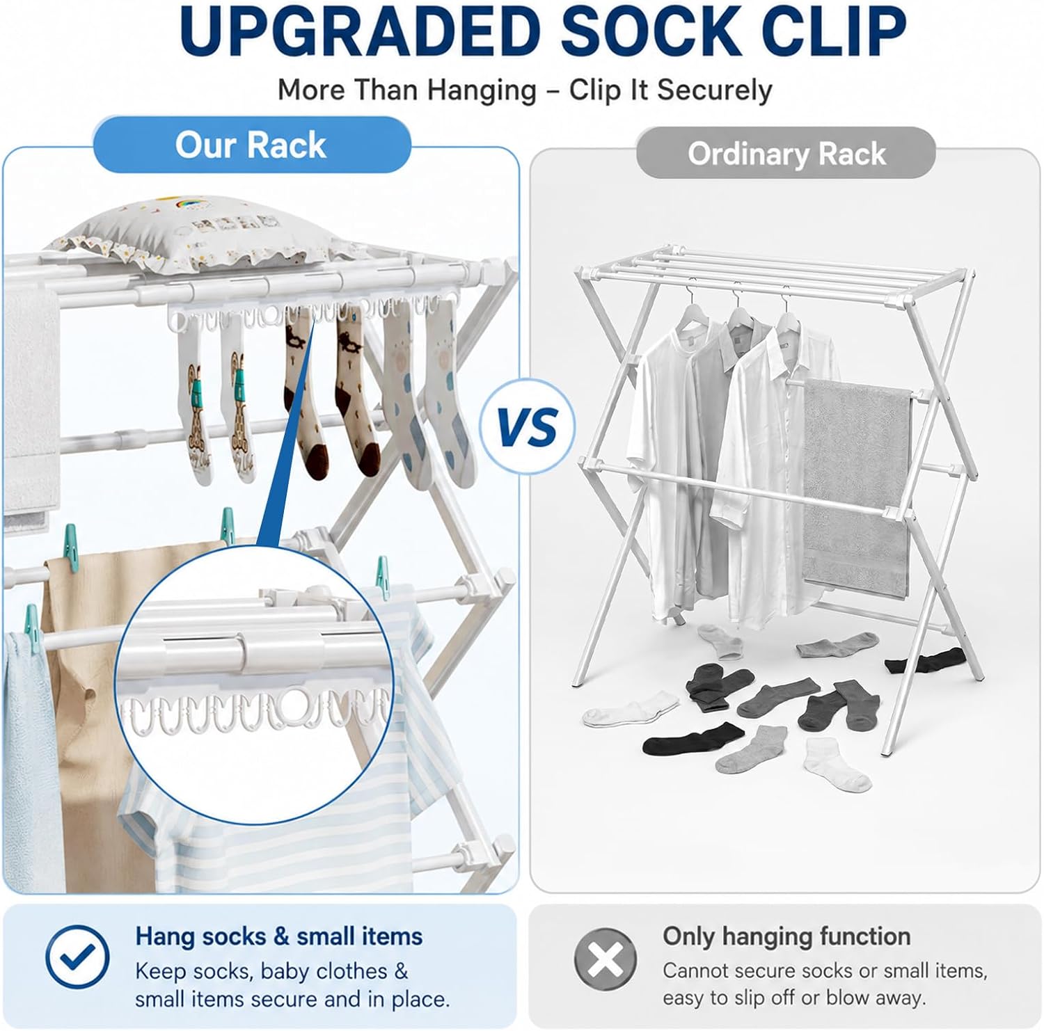 Homde Foldable Clothes Drying Rack with Expandable Poles and Sock Clips-Homde