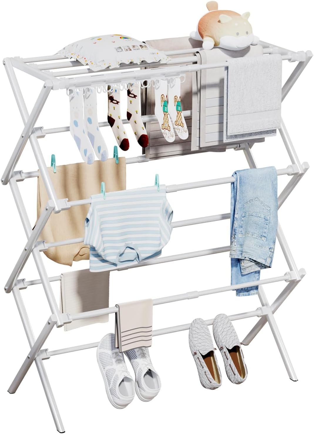 Homde Foldable Clothes Drying Rack with Expandable Poles and Sock Clips-Homde