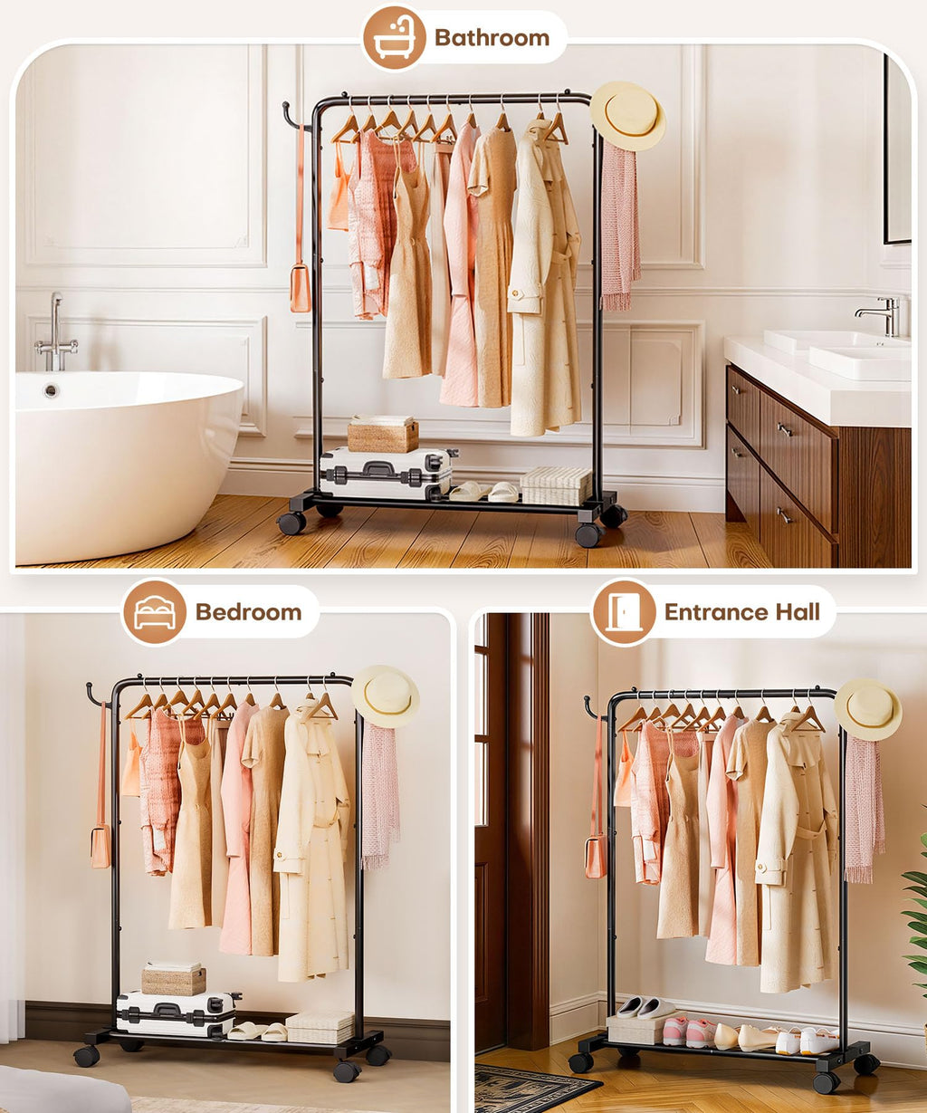 Homde Heavy Duty Clothes Rack with Wheels, Hooks and Bottom Shelf-Homde