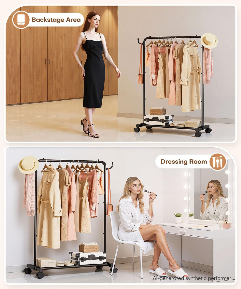 Homde Heavy Duty Clothes Rack with Wheels, Hooks and Bottom Shelf-Homde