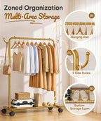 Homde Heavy Duty Clothes Rack with Wheels, Hooks and Bottom Shelf-Homde