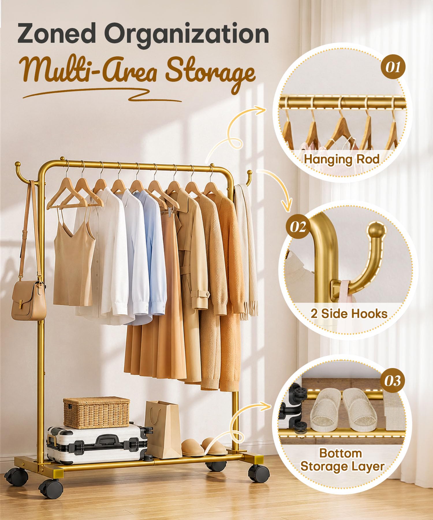 Homde Heavy Duty Clothes Rack with Wheels, Hooks and Bottom Shelf-Homde