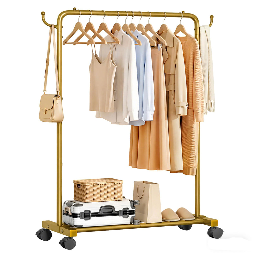 Homde Heavy Duty Clothes Rack with Wheels, Hooks and Bottom Shelf-Homde