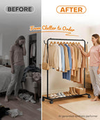 Homde Heavy Duty Clothes Rack with Wheels, Hooks and Bottom Shelf-Homde