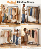 Homde Heavy Duty Clothes Rack with Wheels, Hooks and Bottom Shelf-Homde