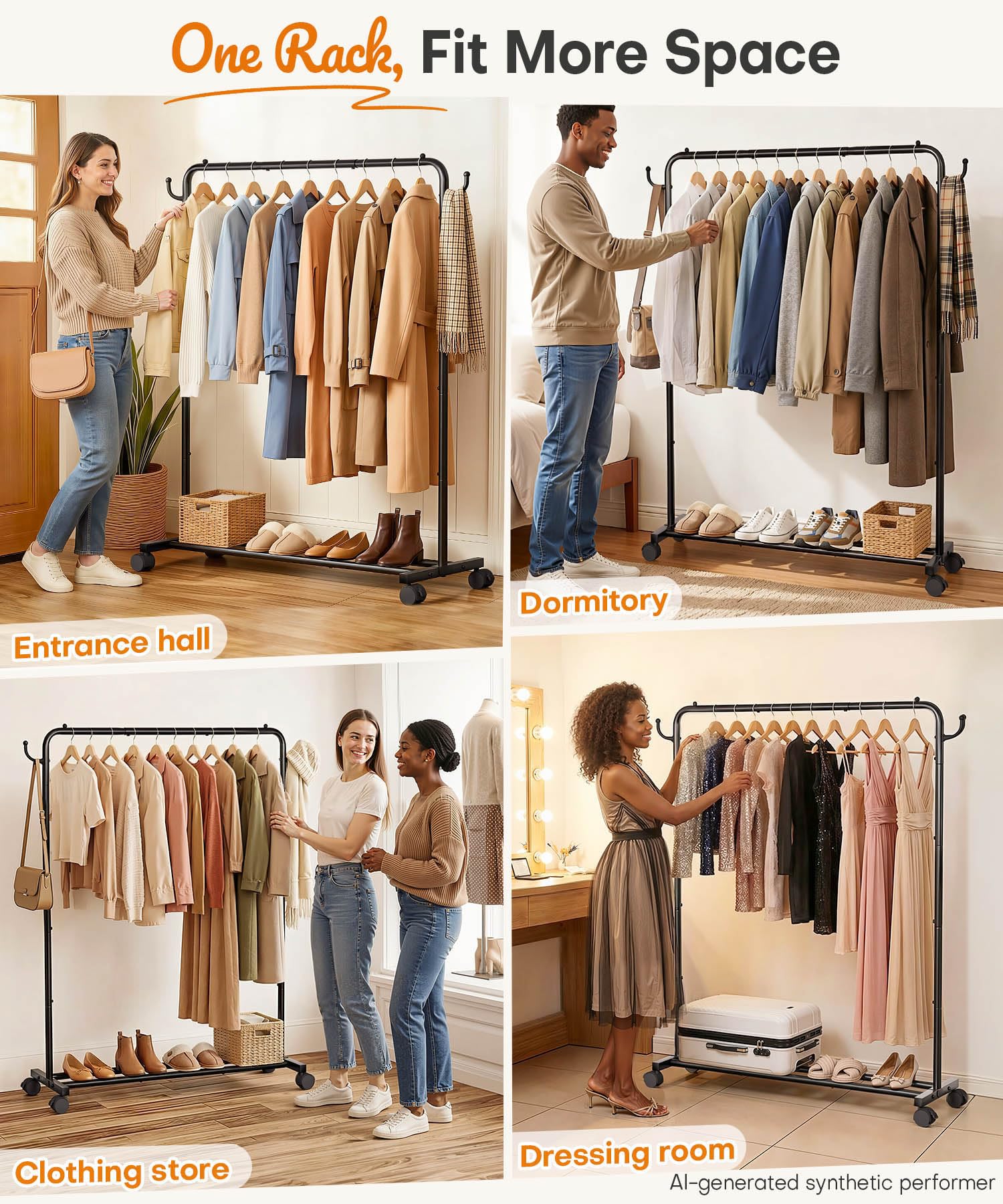 Homde Heavy Duty Clothes Rack with Wheels, Hooks and Bottom Shelf-Homde