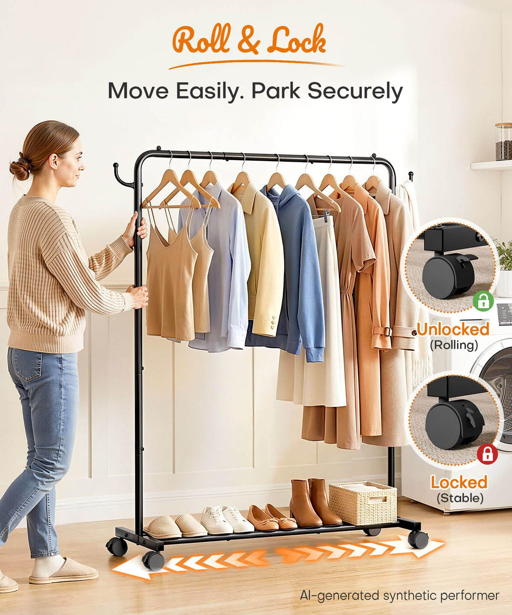 Homde Heavy Duty Clothes Rack with Wheels, Hooks and Bottom Shelf-Homde