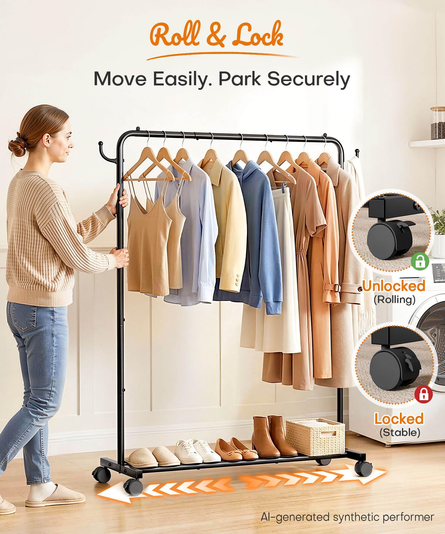 Homde Heavy Duty Clothes Rack with Wheels, Hooks and Bottom Shelf-Homde