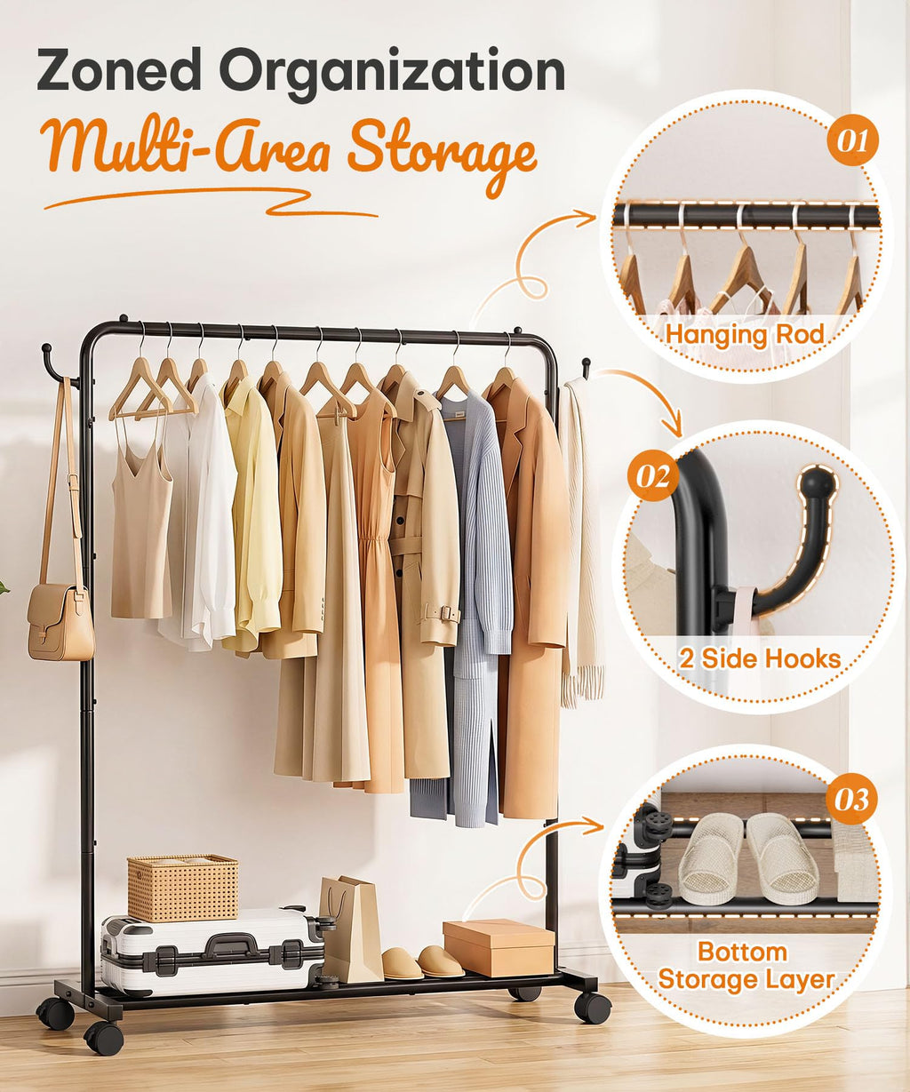 Homde Heavy Duty Clothes Rack with Wheels, Hooks and Bottom Shelf-Homde