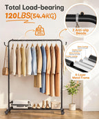Homde Heavy Duty Clothes Rack with Wheels, Hooks and Bottom Shelf-Homde