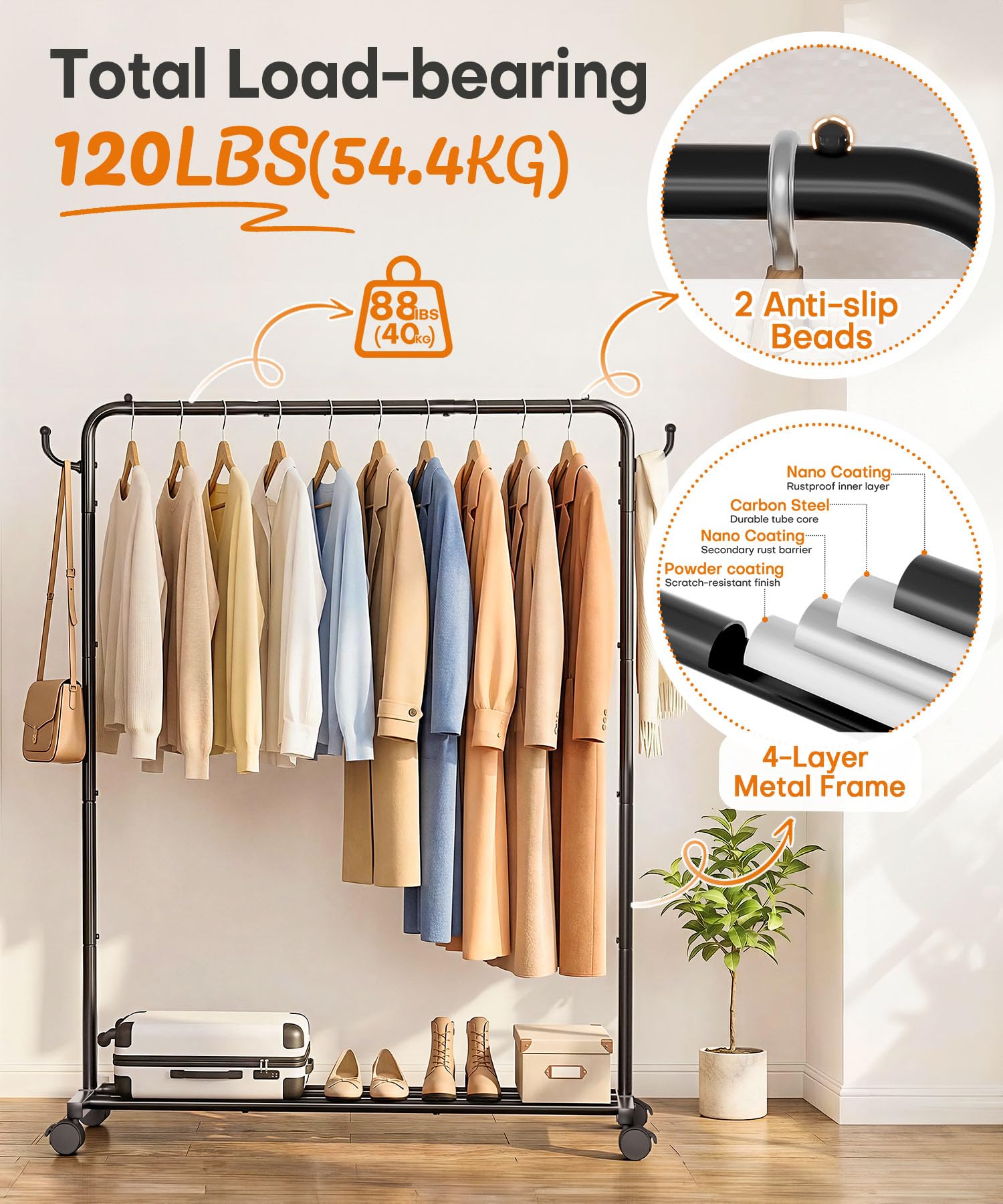 Homde Heavy Duty Clothes Rack with Wheels, Hooks and Bottom Shelf-Homde