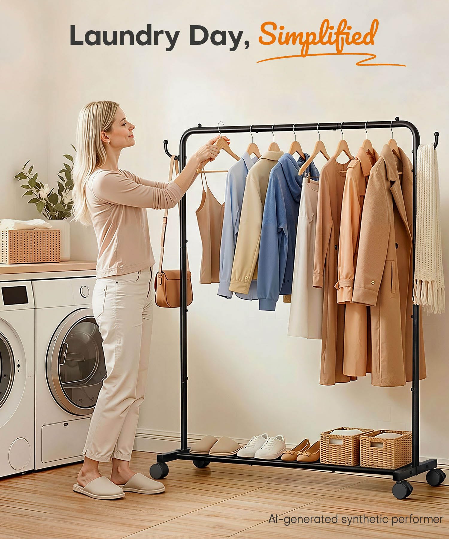 Homde Heavy Duty Clothes Rack with Wheels, Hooks and Bottom Shelf-Homde