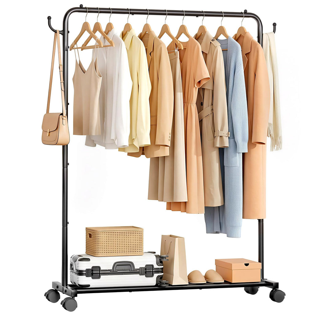 Homde Heavy Duty Clothes Rack with Wheels, Hooks and Bottom Shelf-Homde