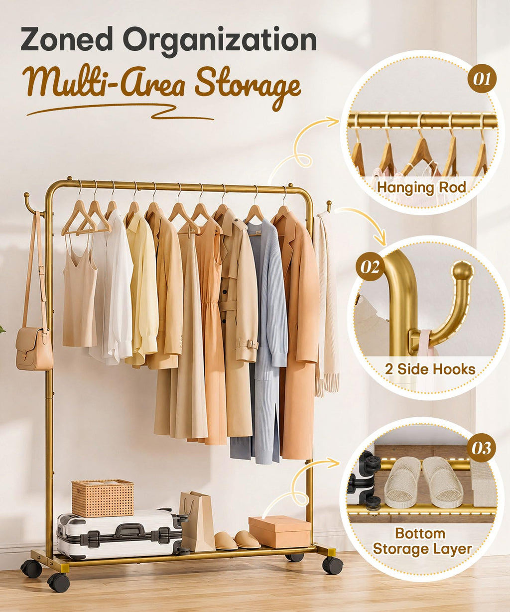 Homde Heavy Duty Clothes Rack with Wheels, Hooks and Bottom Shelf-Homde