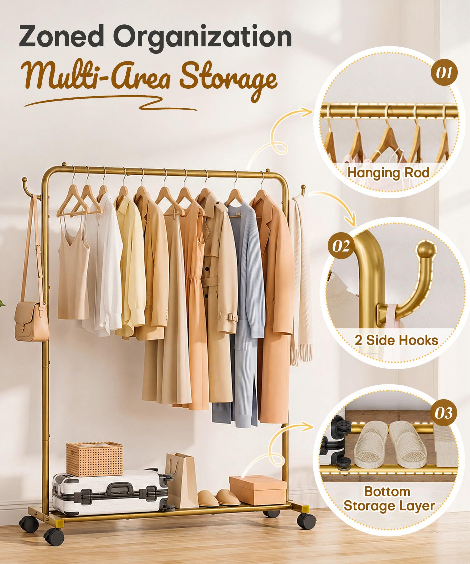 Homde Heavy Duty Clothes Rack with Wheels, Hooks and Bottom Shelf-Homde
