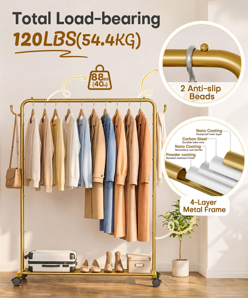 Homde Heavy Duty Clothes Rack with Wheels, Hooks and Bottom Shelf-Homde