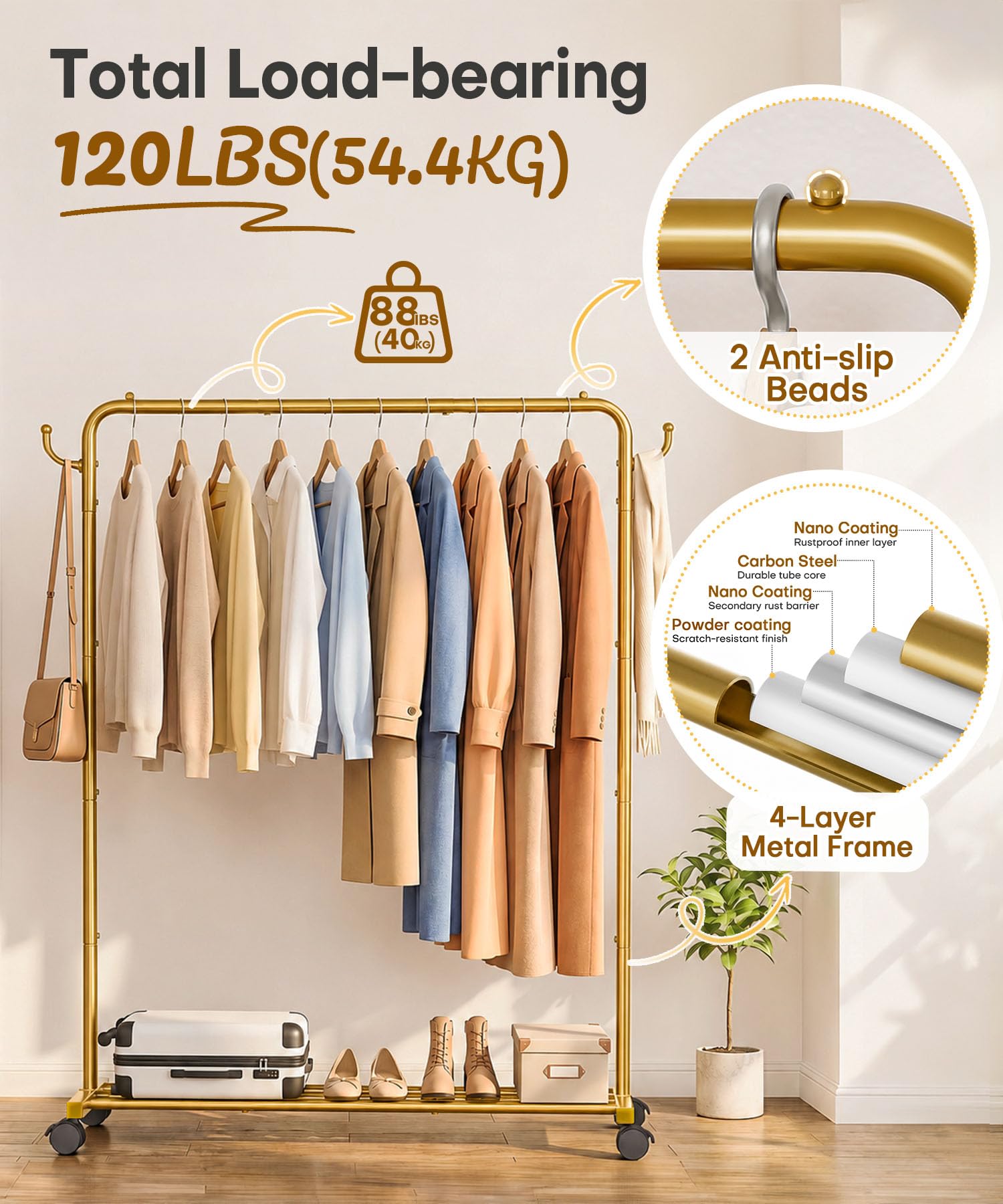 Homde Heavy Duty Clothes Rack with Wheels, Hooks and Bottom Shelf-Homde