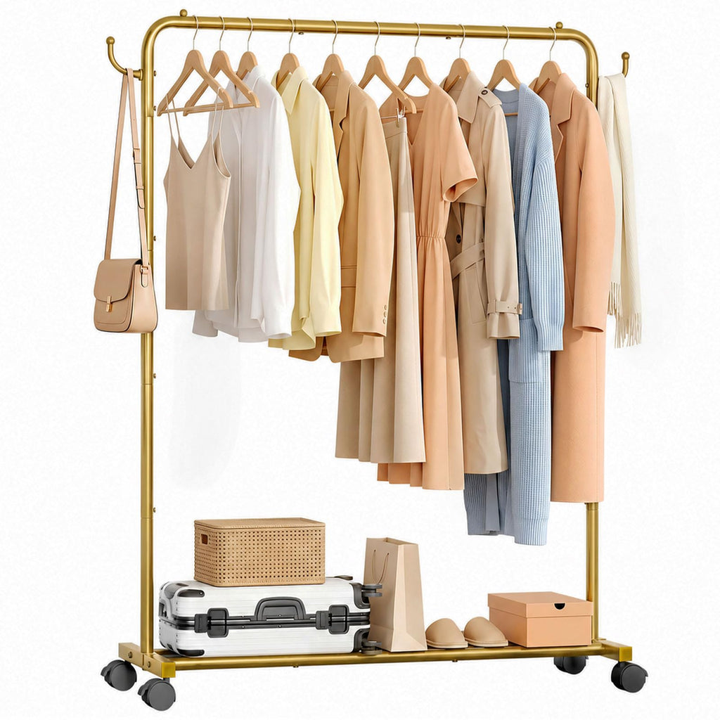 Homde Heavy Duty Clothes Rack with Wheels, Hooks and Bottom Shelf-Homde