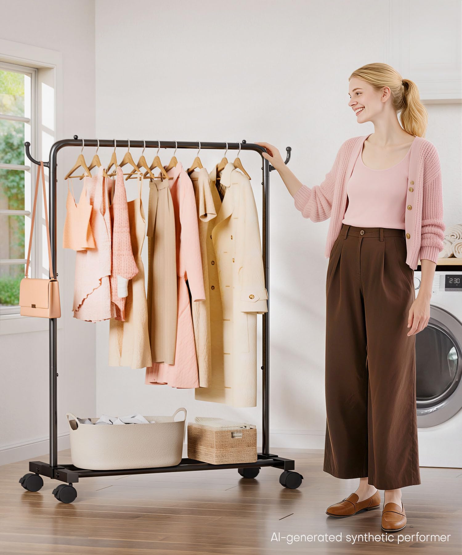 Homde Heavy Duty Clothes Rack with Wheels, Hooks and Bottom Shelf-Homde
