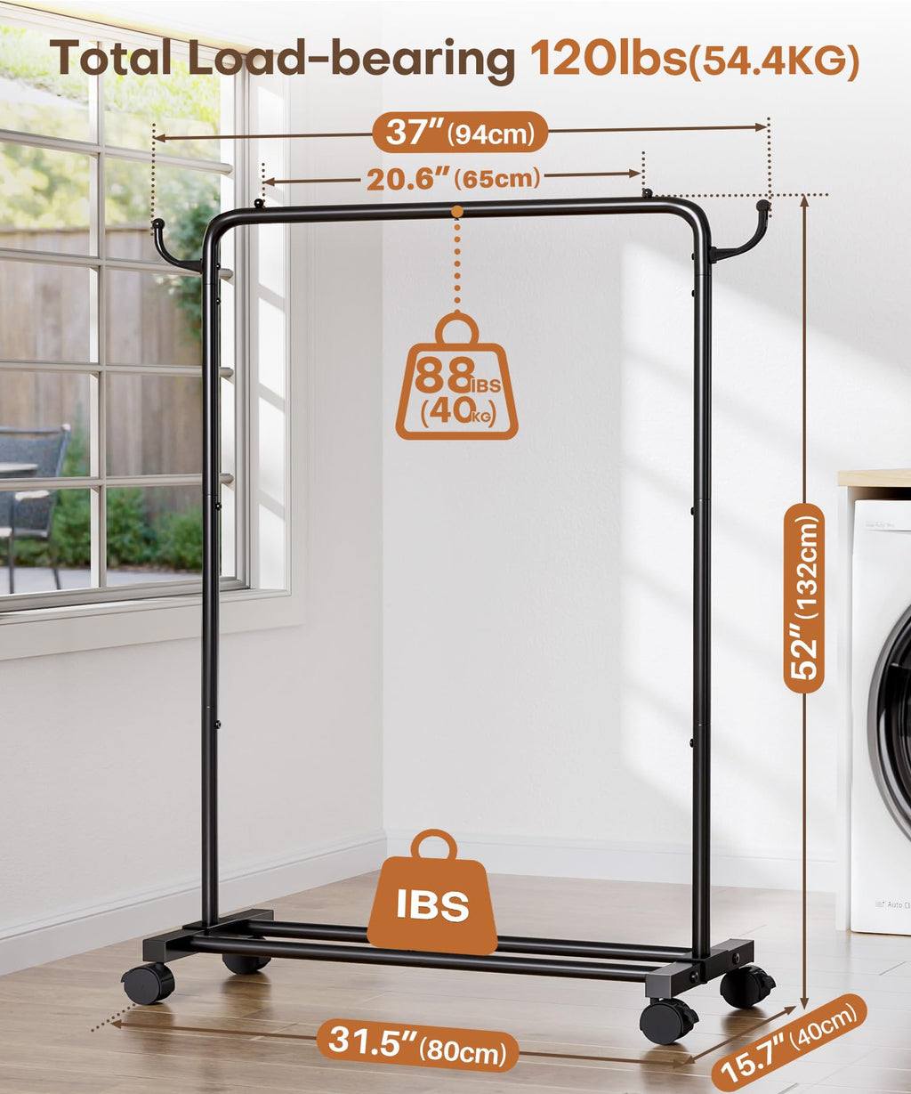 Homde Heavy Duty Clothes Rack with Wheels, Hooks and Bottom Shelf-Homde