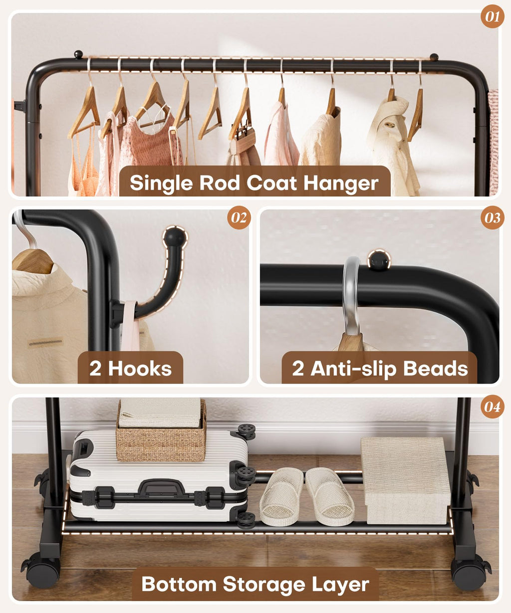 Homde Heavy Duty Clothes Rack with Wheels, Hooks and Bottom Shelf-Homde