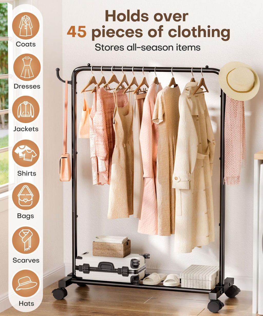 Homde Heavy Duty Clothes Rack with Wheels, Hooks and Bottom Shelf-Homde