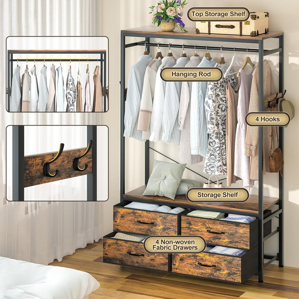 Freestanding Clothes Rack with 4 Drawers, Hooks and Shelves-Homde