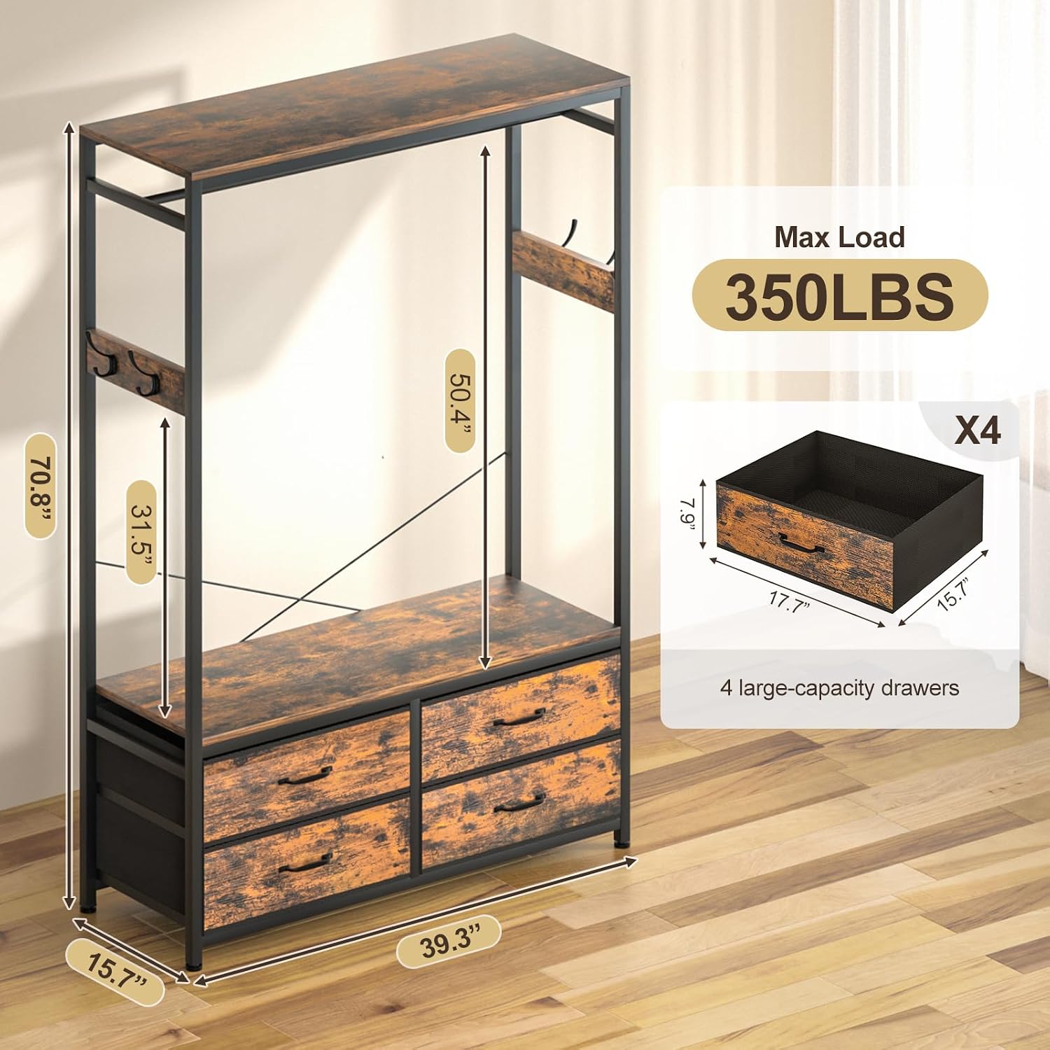 Freestanding Clothes Rack with 4 Drawers, Hooks and Shelves-Homde
