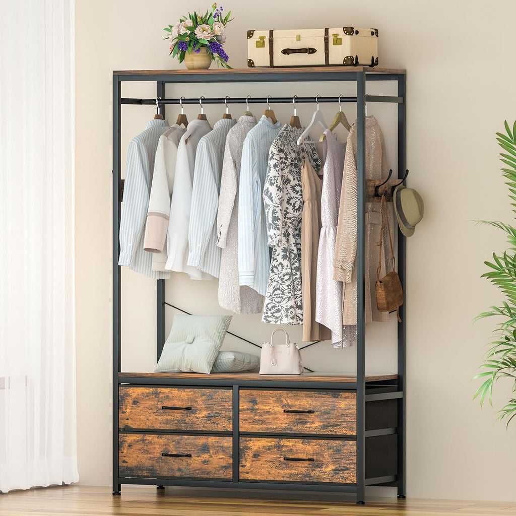 Freestanding Clothes Rack with 4 Drawers, Hooks and Shelves-Homde