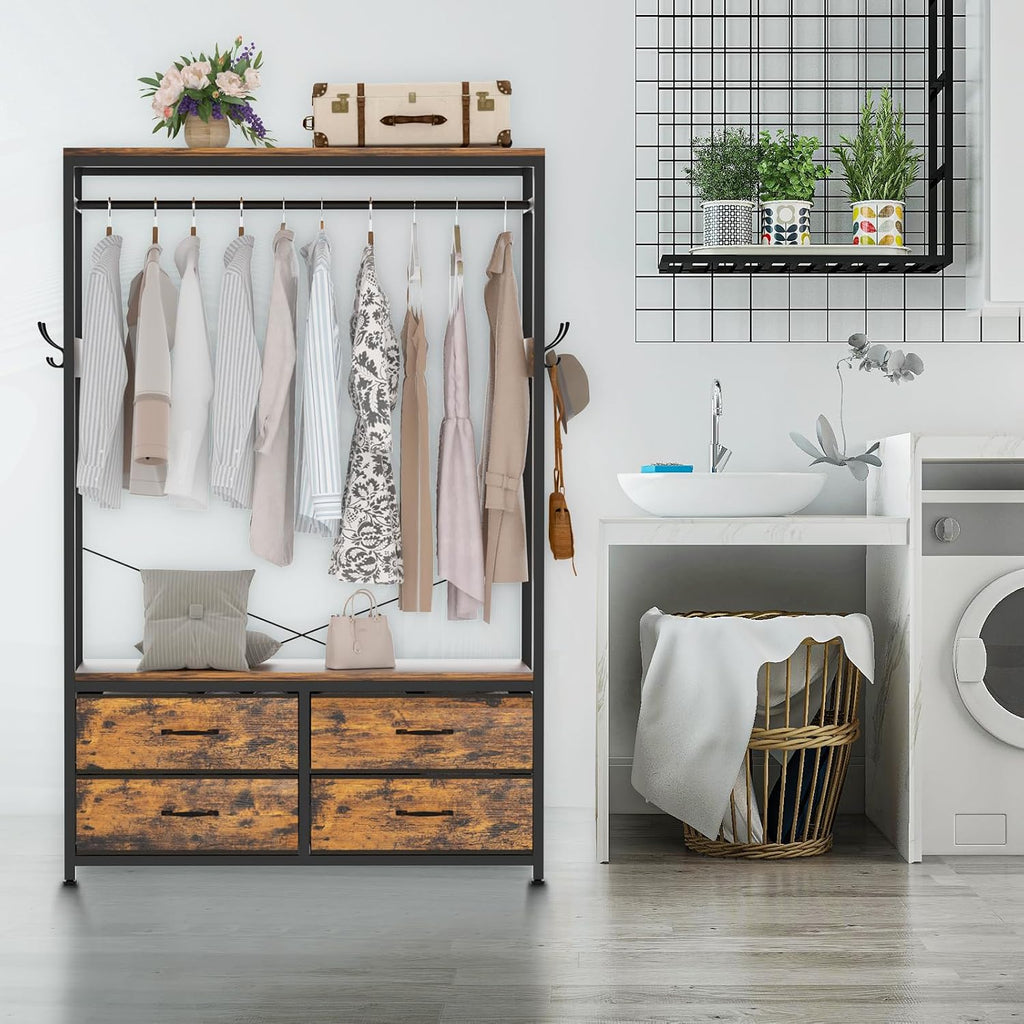 Freestanding Clothes Rack with 4 Drawers, Hooks and Shelves-Homde