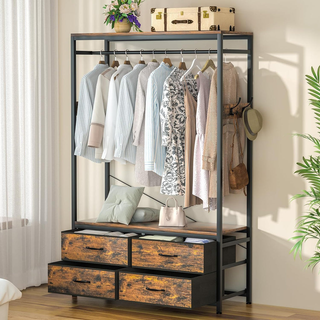 Freestanding Clothes Rack with 4 Drawers, Hooks and Shelves-Homde