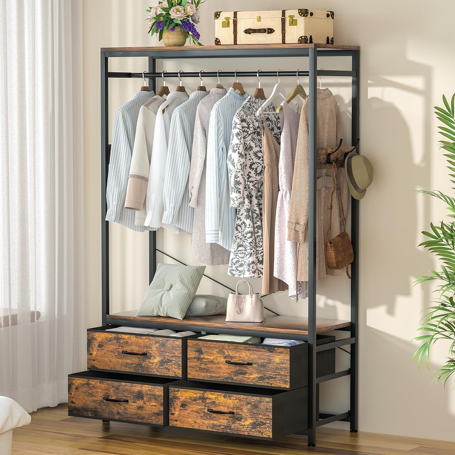 Freestanding Clothes Rack with 4 Drawers, Hooks and Shelves-Homde