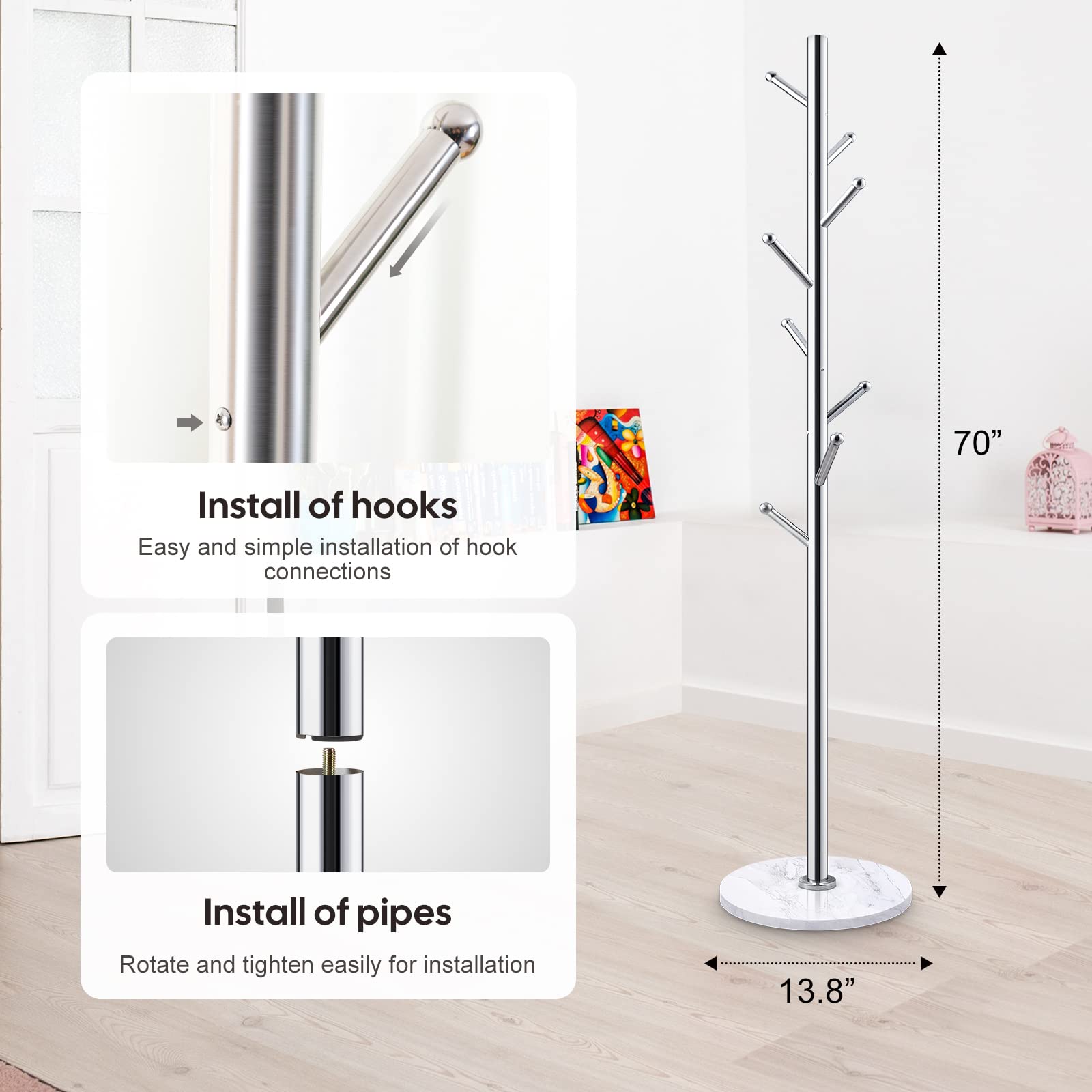 Homde Metal Coat Rack Stand with Natural Marble Base and 8 Hooks-Homde