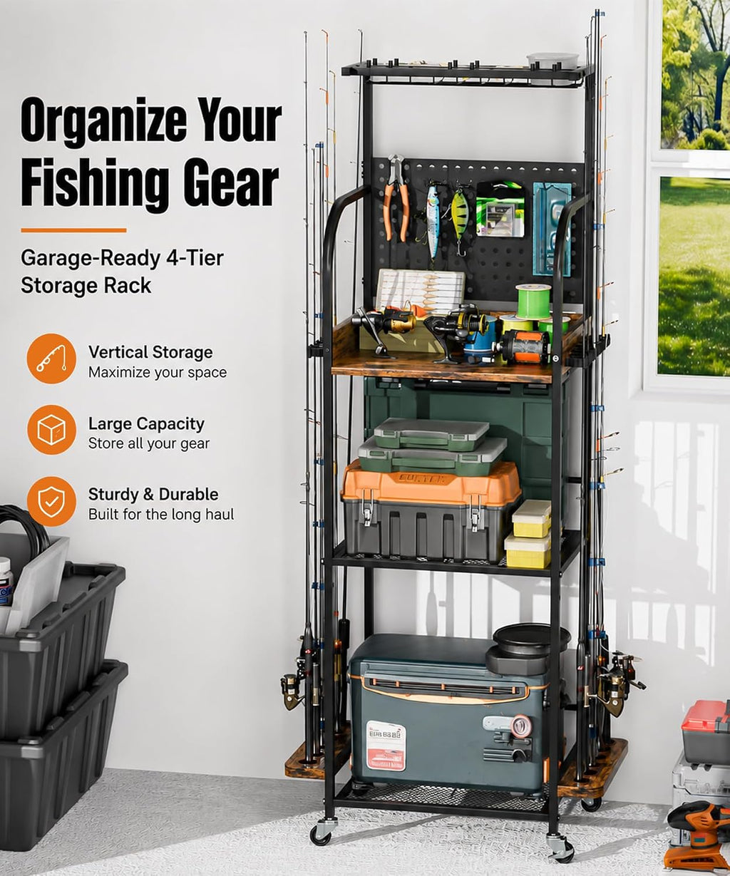 Homde Fishing Rod Holder with Wheels, 12-Rod Garage Storage Rack-Homde