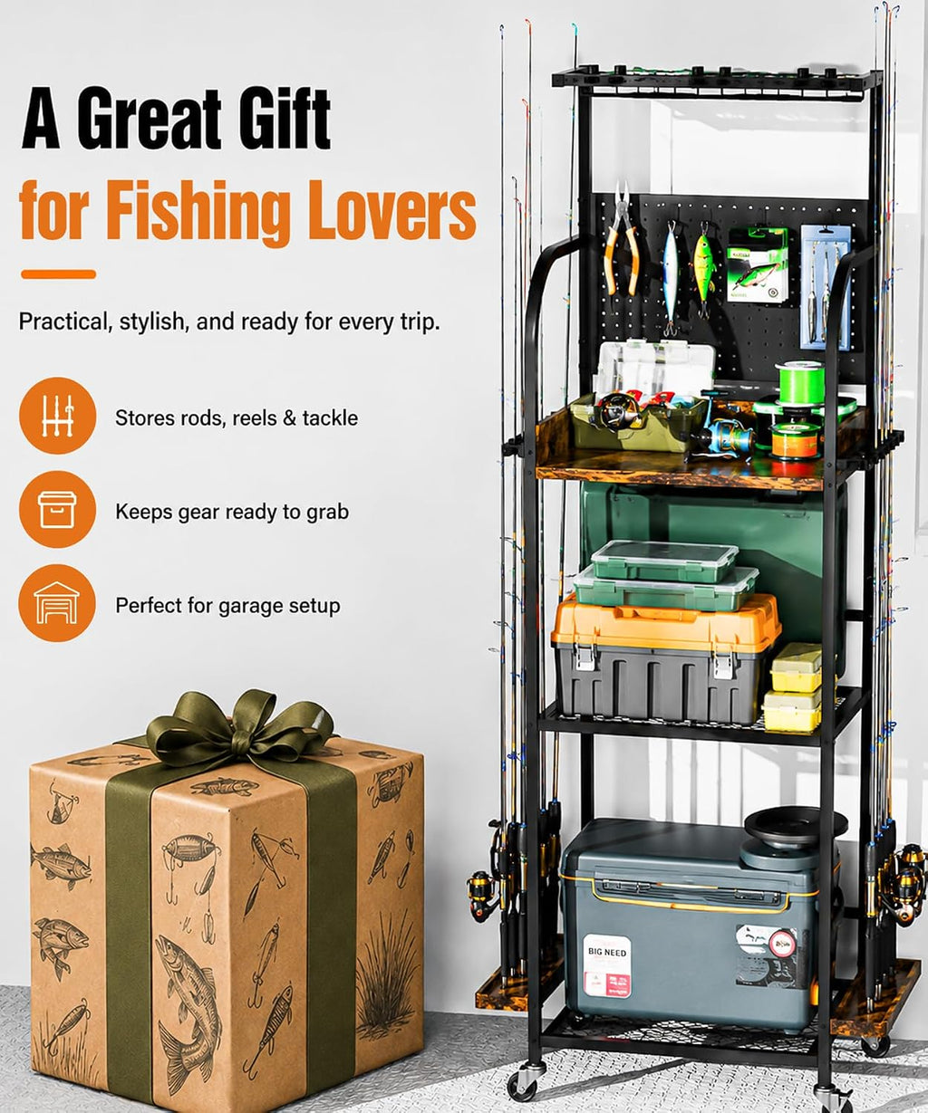 Homde Fishing Rod Holder with Wheels, 12-Rod Garage Storage Rack-Homde