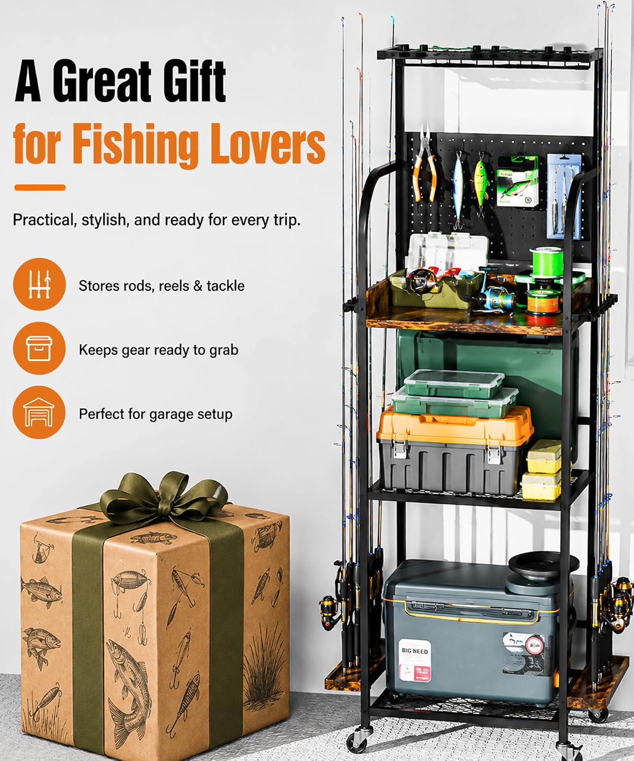 Homde Fishing Rod Holder with Wheels, 12-Rod Garage Storage Rack-Homde