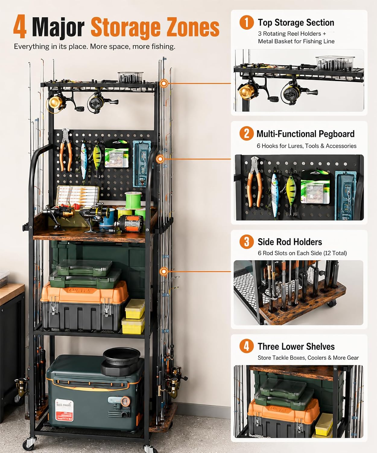 Homde Fishing Rod Holder with Wheels, 12-Rod Garage Storage Rack-Homde