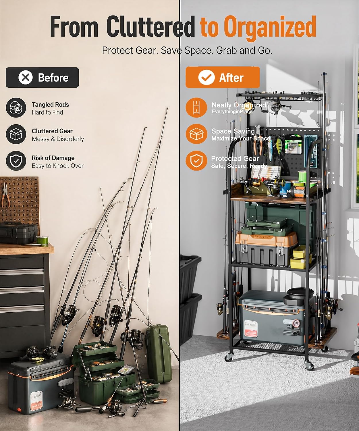Homde Fishing Rod Holder with Wheels, 12-Rod Garage Storage Rack-Homde
