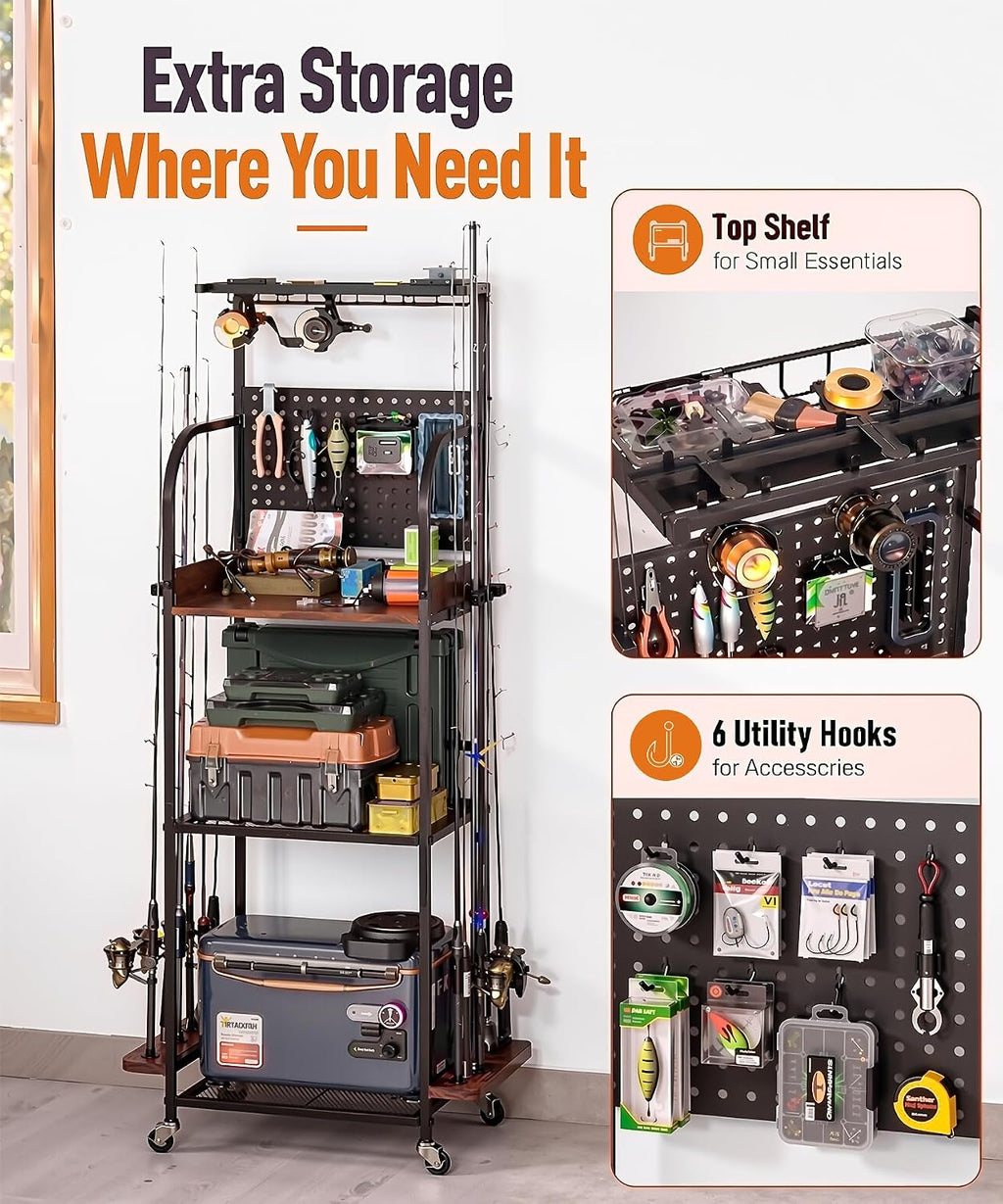 Homde Fishing Rod Holder with Wheels, 12-Rod Garage Storage Rack-Homde