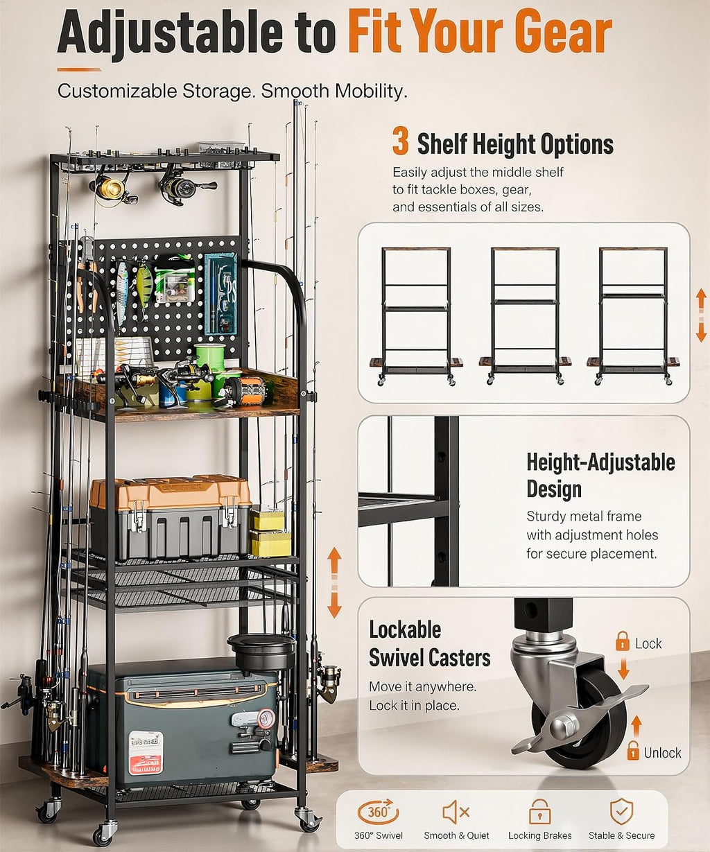 Homde Fishing Rod Holder with Wheels, 12-Rod Garage Storage Rack-Homde