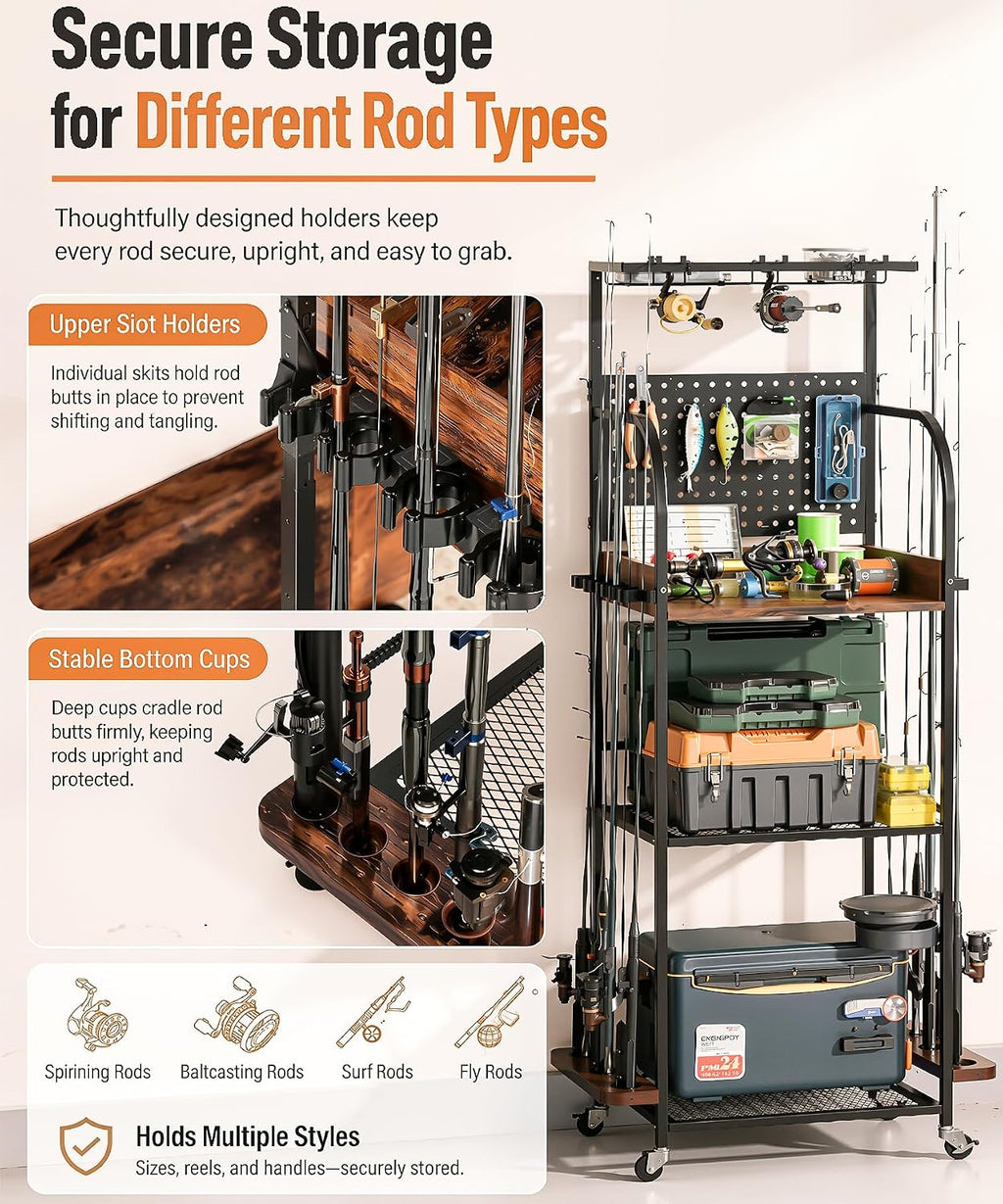 Homde Fishing Rod Holder with Wheels, 12-Rod Garage Storage Rack-Homde