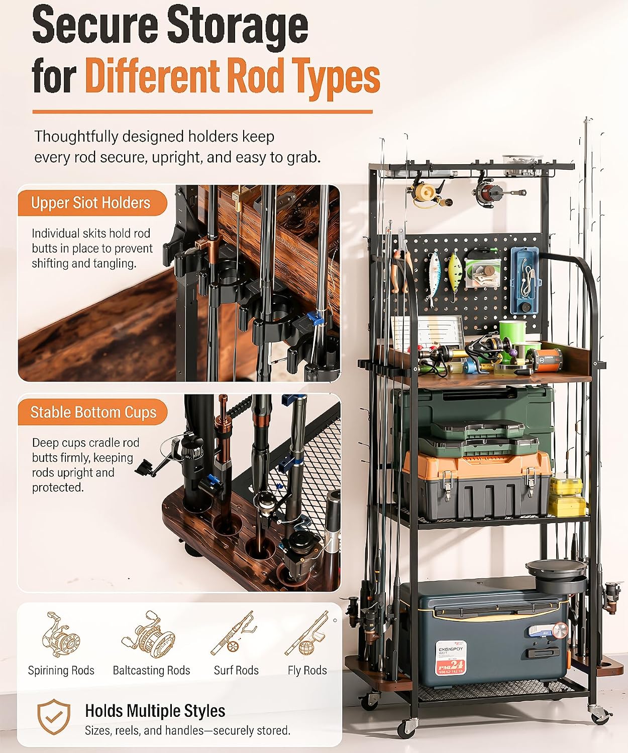 Homde Fishing Rod Holder with Wheels, 12-Rod Garage Storage Rack-Homde