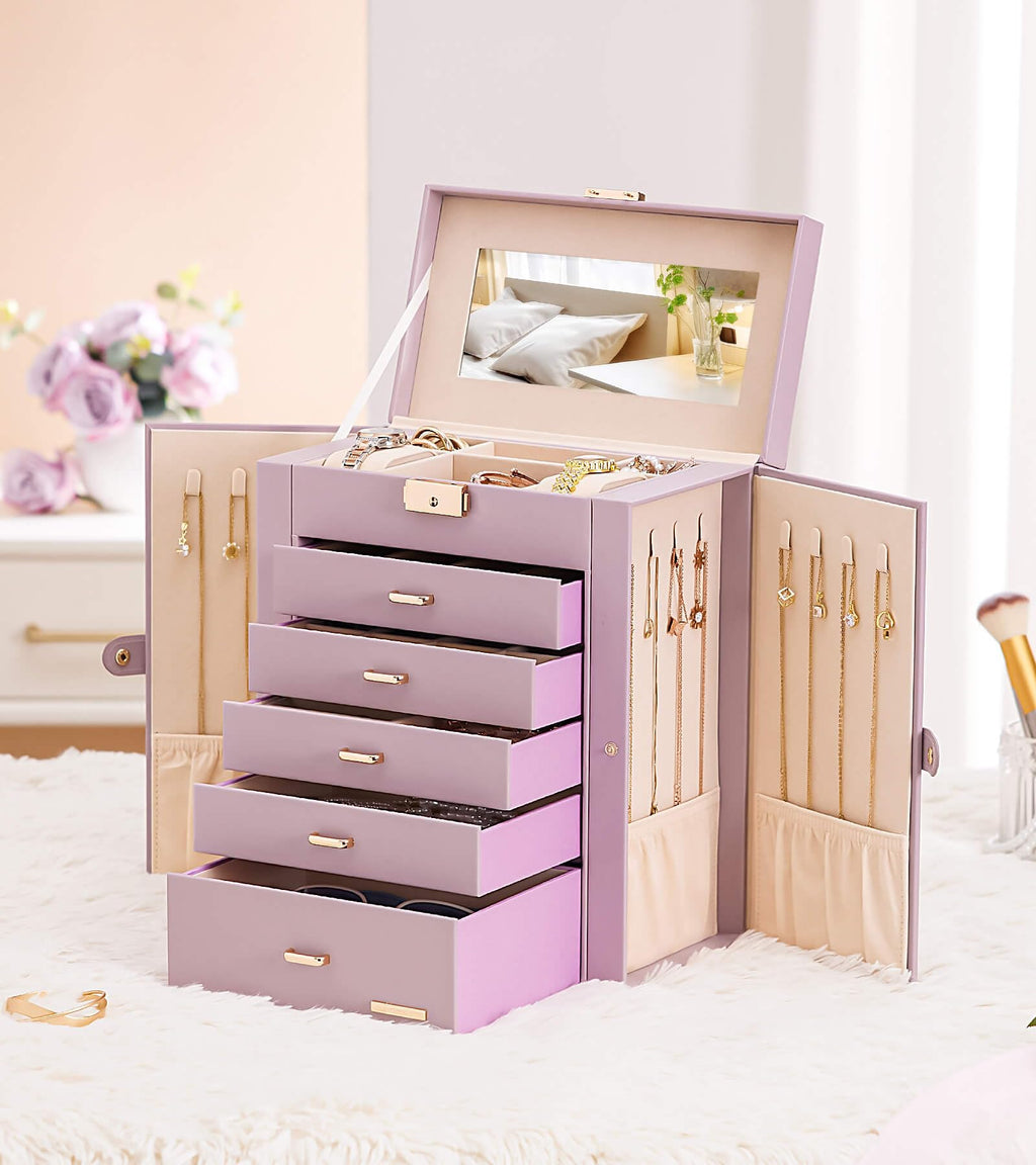 Homde Large Jewelry Box with 6 Layers, 5 Drawers, Mirror and Lock-Homde