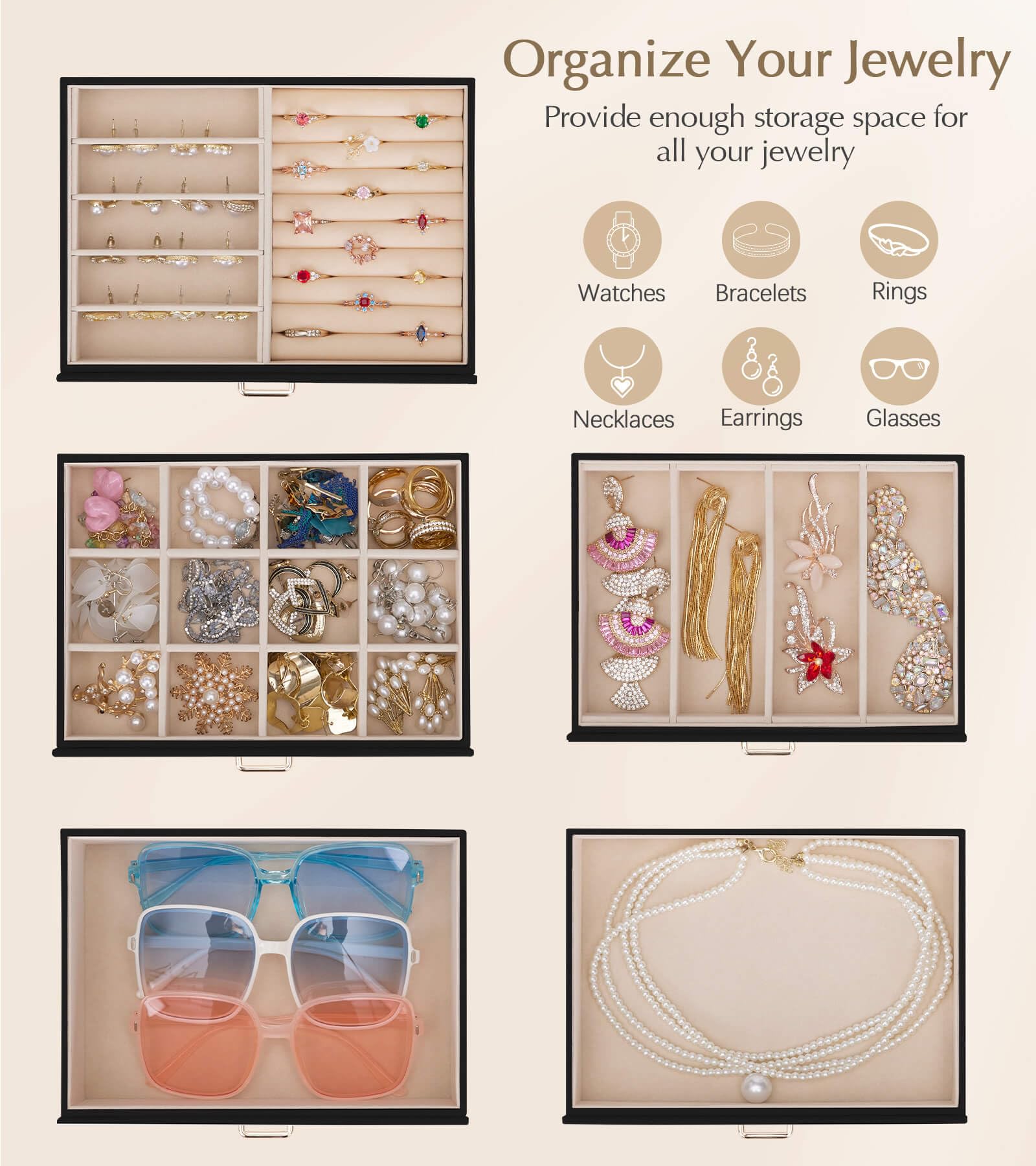Homde Large Jewelry Box with 6 Layers, 5 Drawers, Mirror and Lock-Homde