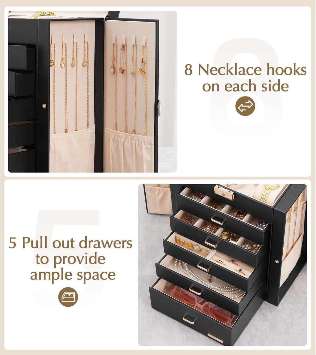 Homde Large Jewelry Box with 6 Layers, 5 Drawers, Mirror and Lock-Homde