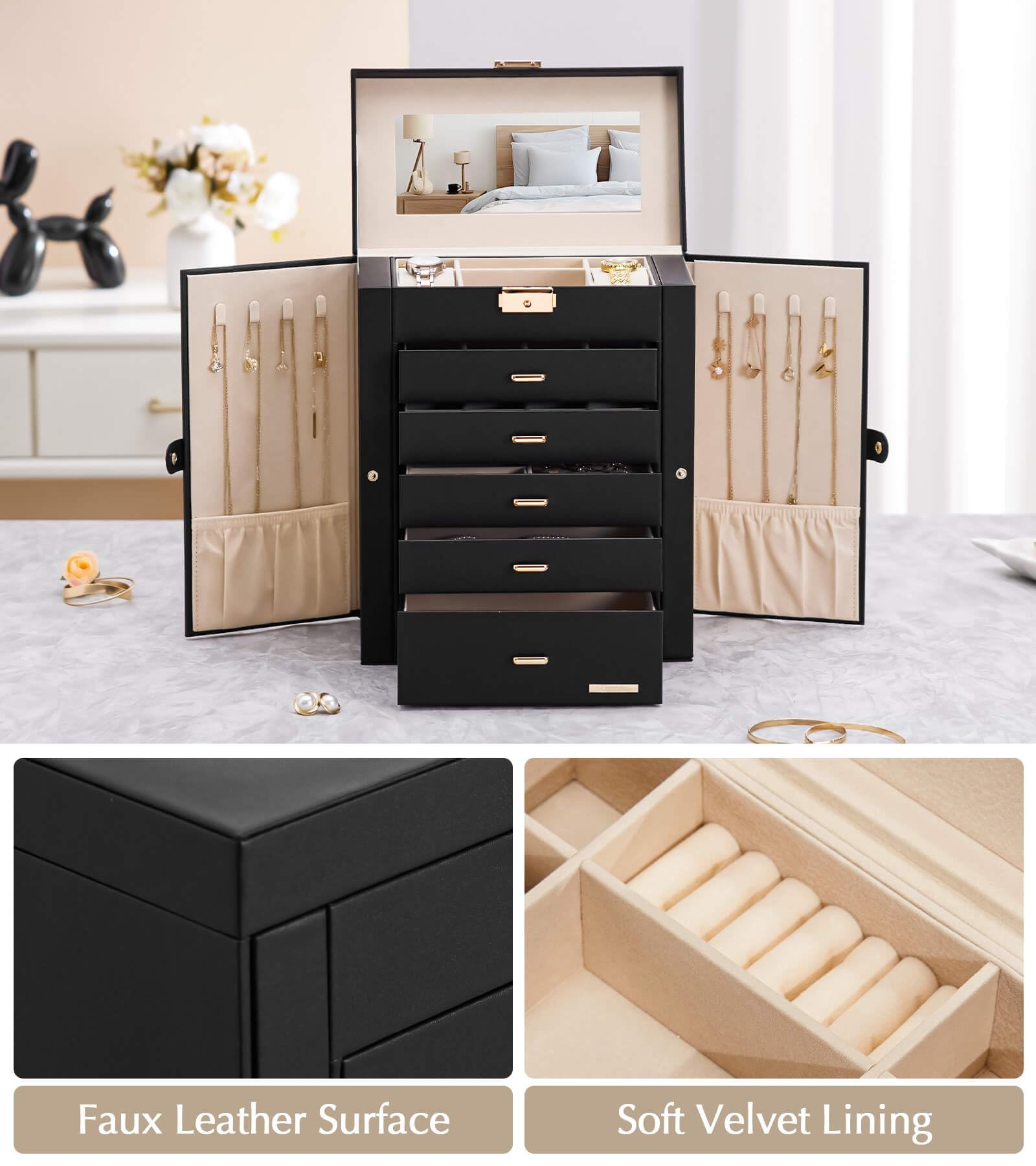 Homde Large Jewelry Box with 6 Layers, 5 Drawers, Mirror and Lock-Homde